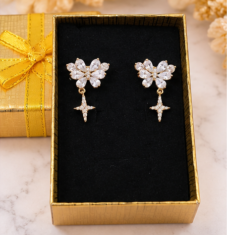 14K Gold Plated Butterfly & Star Drop Earrings – Cubic Zirconia