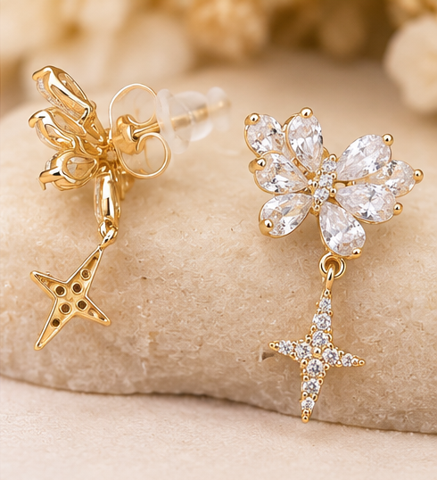 14K Gold Plated Butterfly & Star Drop Earrings – Cubic Zirconia