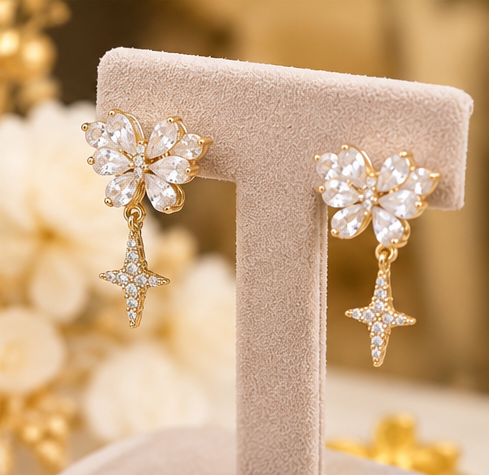 14K Gold Plated Butterfly & Star Drop Earrings – Cubic Zirconia