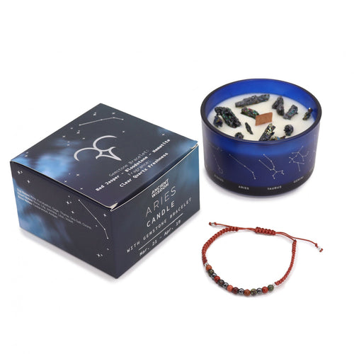 Aries zodiac crystal candle gift with gemstone bracelet