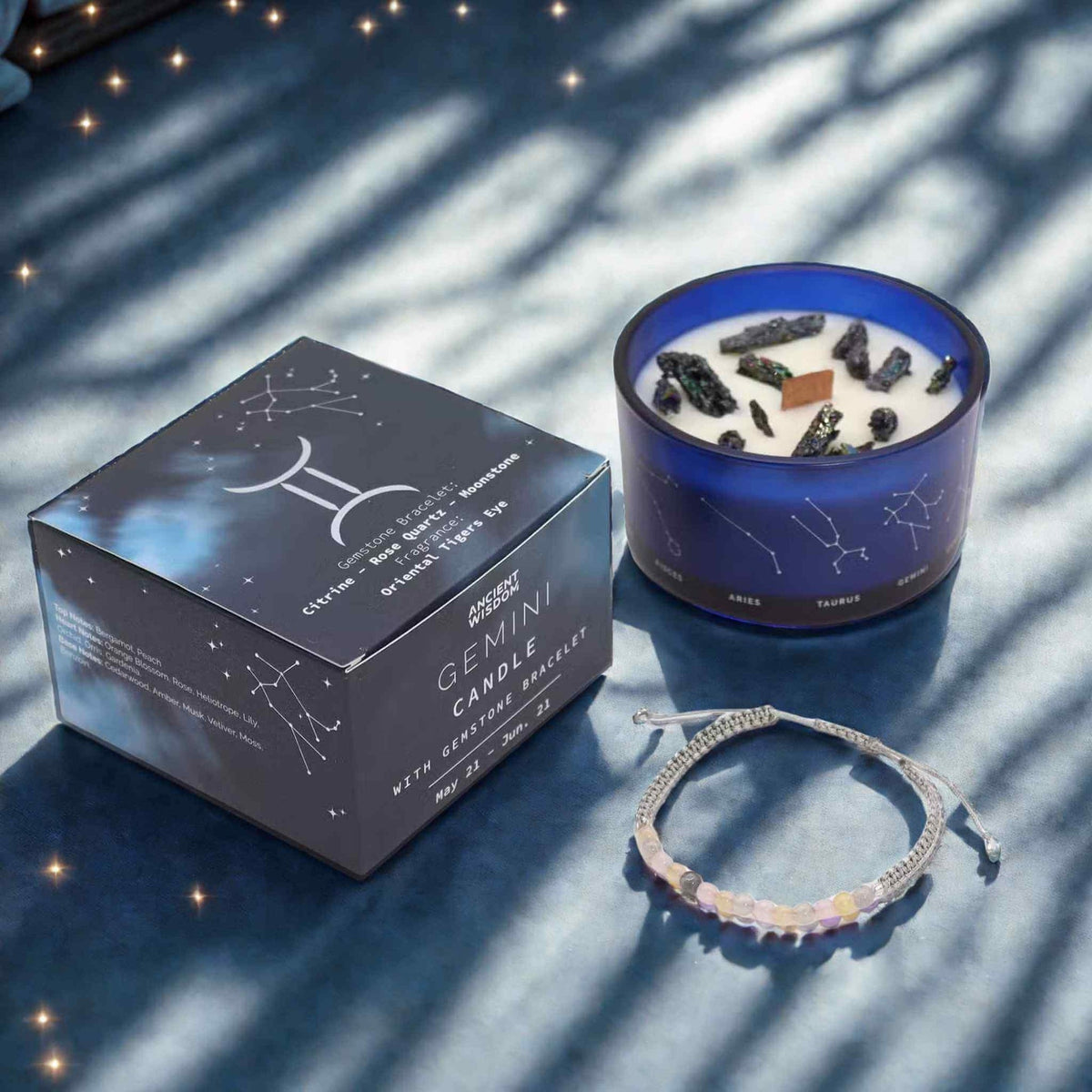 Gemini zodiac crystal candle gift with gemstone bracelet