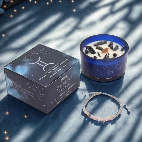 Gemini zodiac crystal candle gift with gemstone bracelet