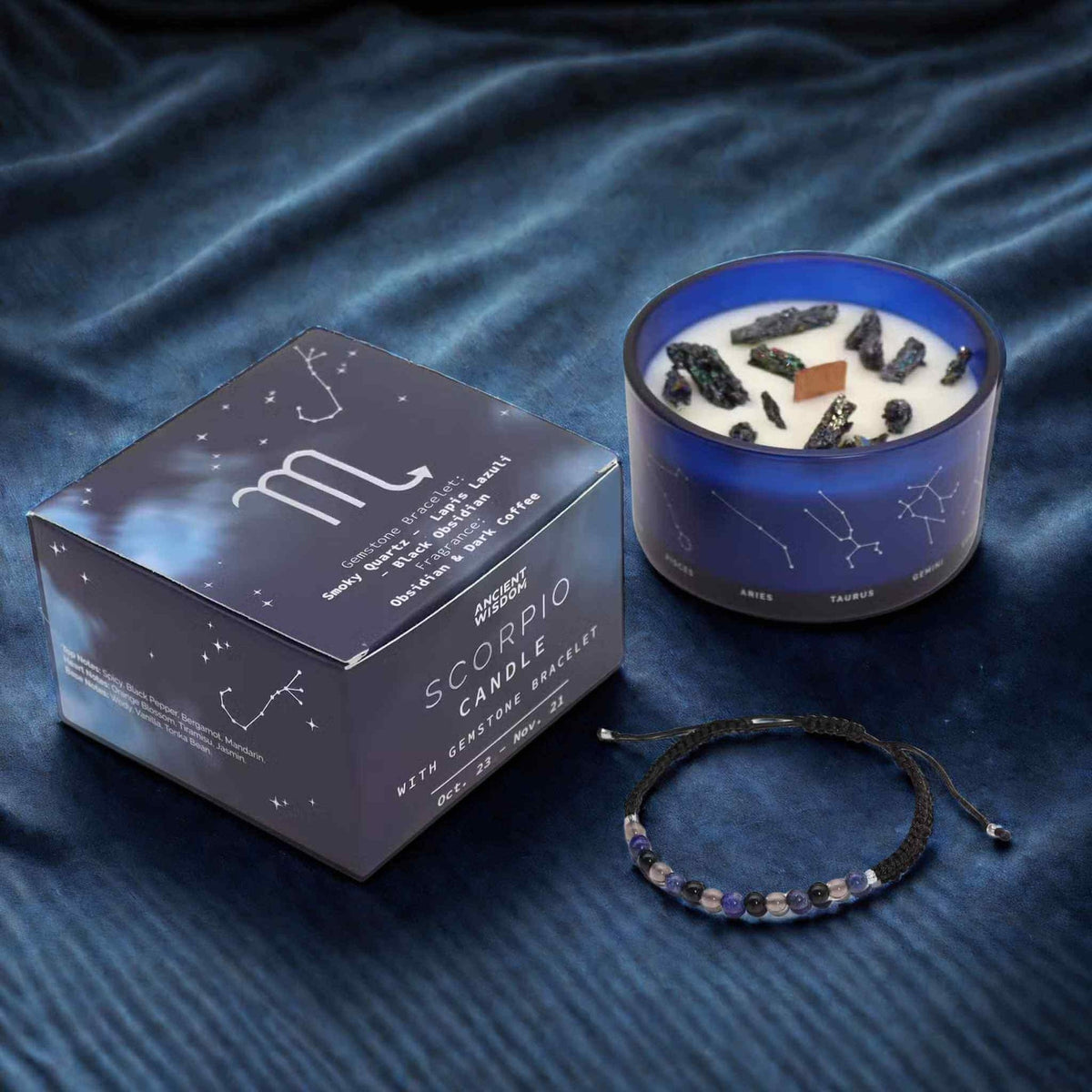 Scorpio zodiac crystal candle gift with gemstone bracelet