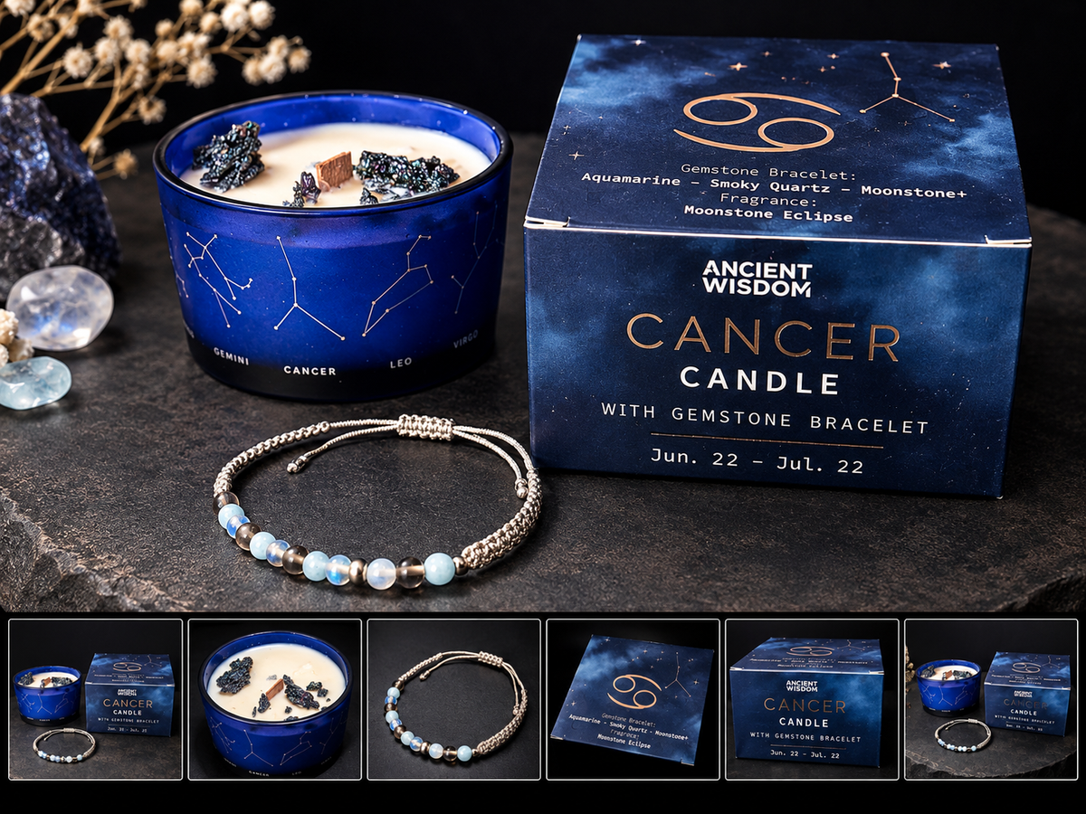 Ancient Wisdom Cancer zodiac candle with gemstone bracelet Fortis-style hero