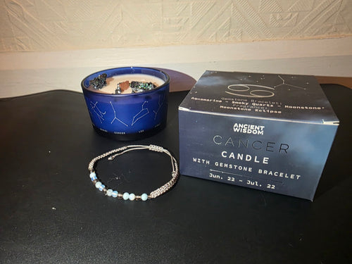 Ancient Wisdom Cancer zodiac candle, gemstone bracelet and gift box