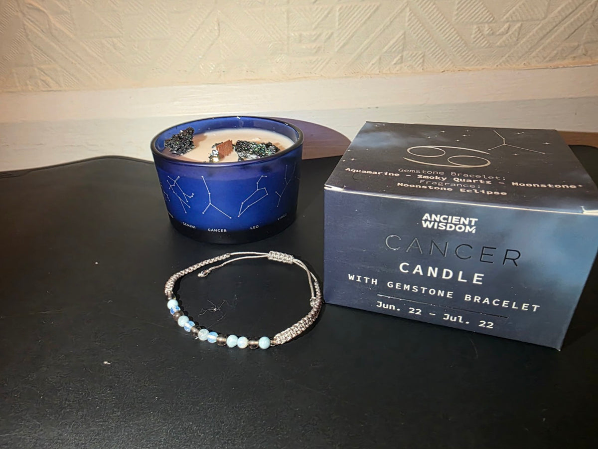 Cancer zodiac candle and gemstone bracelet front view
