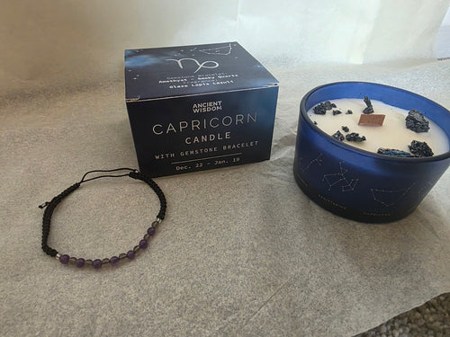 Capricorn zodiac candle with gemstone bracelet and gift box