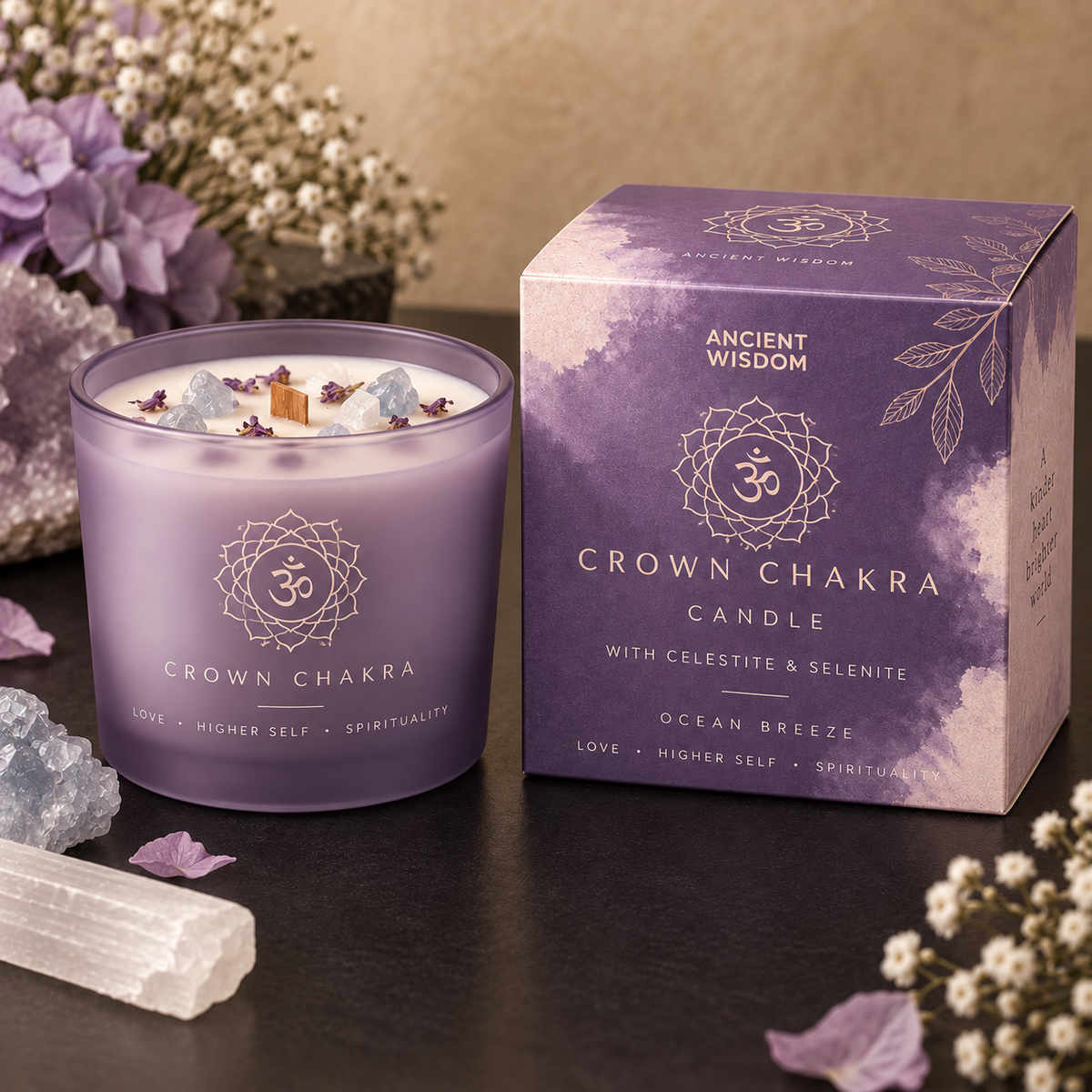 Ancient Wisdom Crown Chakra crystal candle in Fortis styled product scene