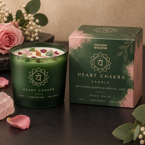 Ancient Wisdom Heart Chakra crystal candle in Fortis styled product scene