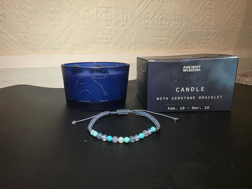 Pisces zodiac candle with gemstone bracelet and Ancient Wisdom gift box