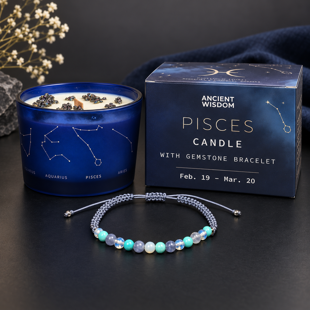 Ancient Wisdom Pisces zodiac candle with gemstone bracelet gift set
