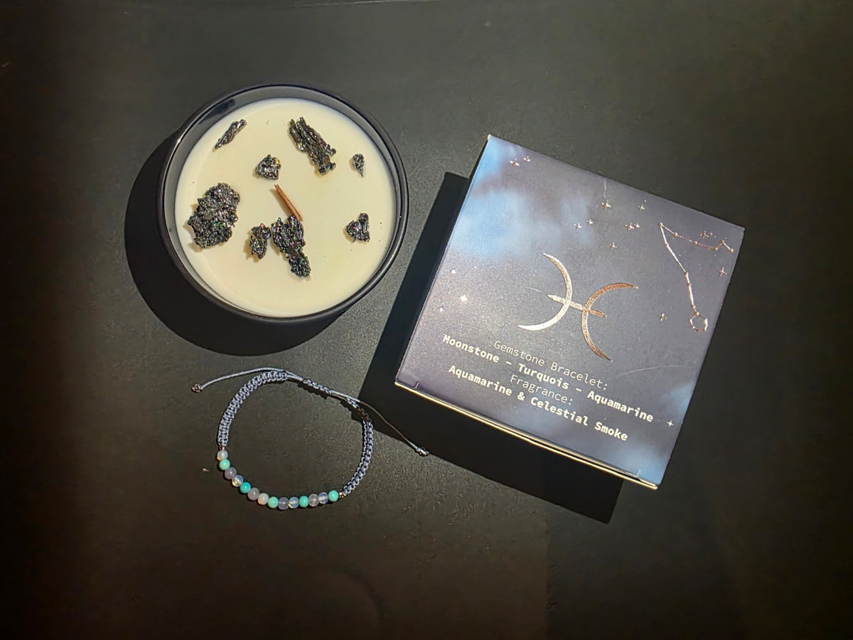 Pisces candle, gemstone bracelet and box shown from above