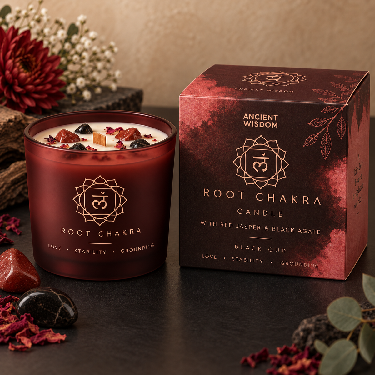 Ancient Wisdom Root Chakra crystal candle in Fortis styled product scene