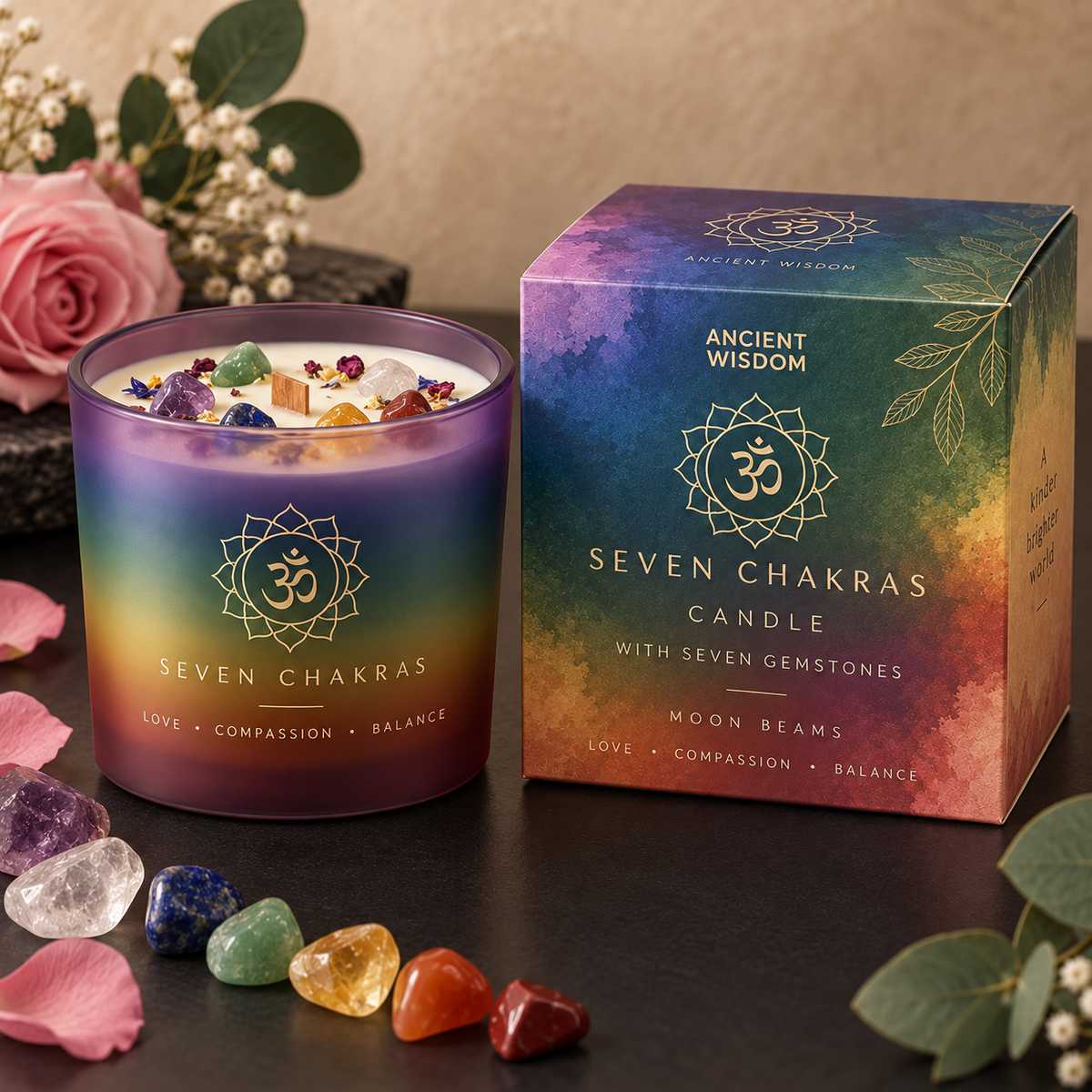 Ancient Wisdom Seven Chakras crystal candle in Fortis styled product scene