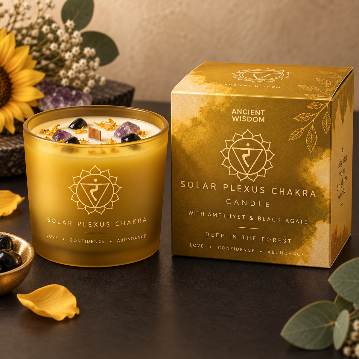 Ancient Wisdom Solar Plexus Chakra crystal candle in Fortis styled product scene