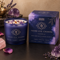 Ancient Wisdom Third Eye Chakra crystal candle in Fortis styled product scene