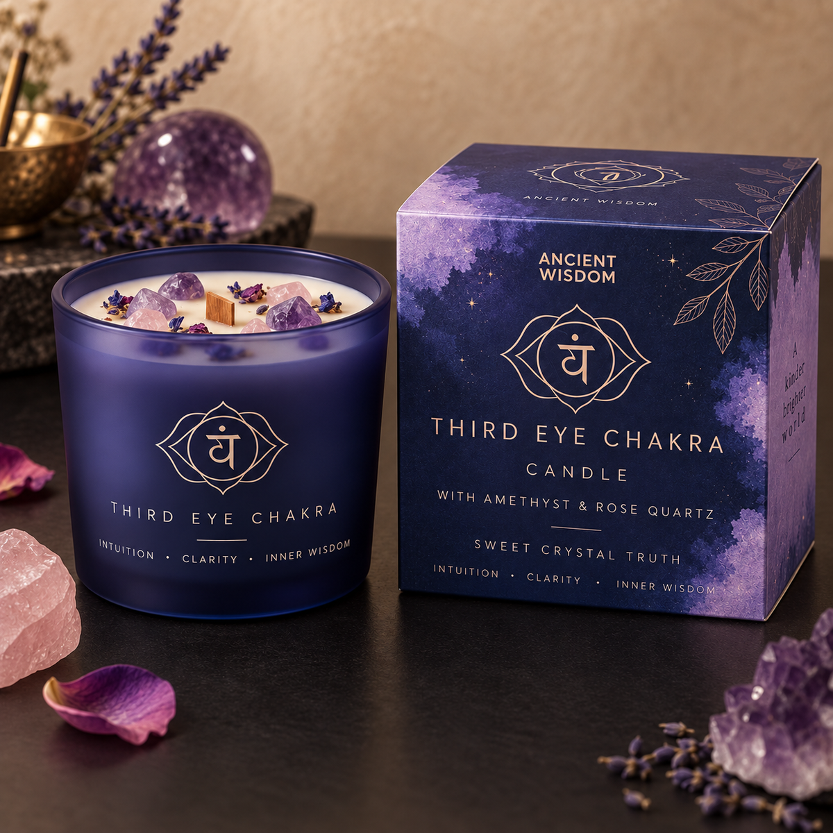 Ancient Wisdom Third Eye Chakra crystal candle in Fortis styled product scene
