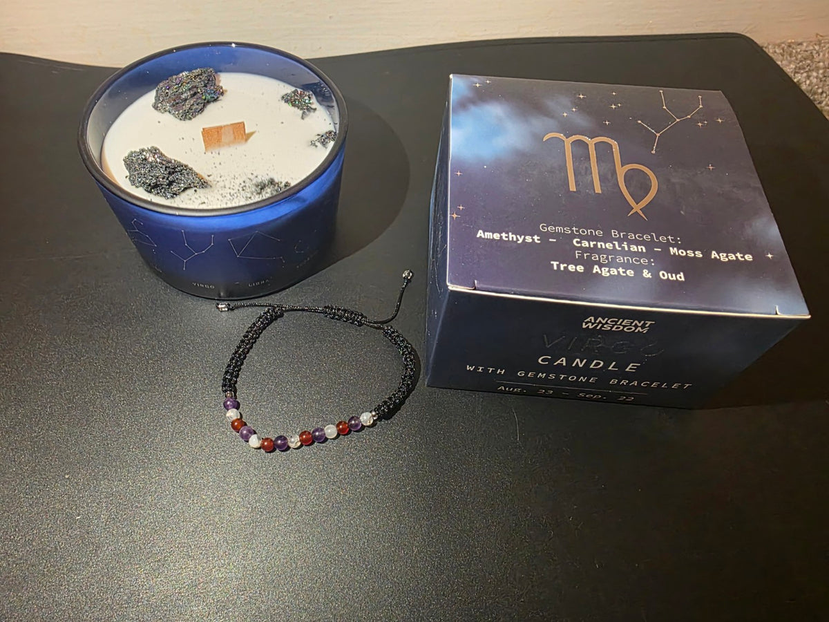 Virgo candle with gemstone pieces, wooden wick and gift box
