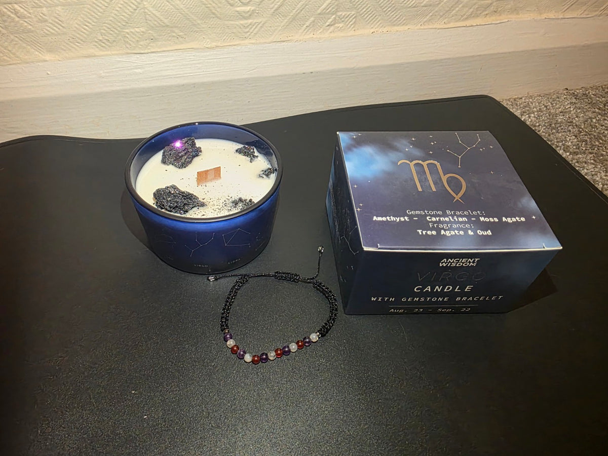 Virgo zodiac candle, gemstone bracelet and box shown from an angle