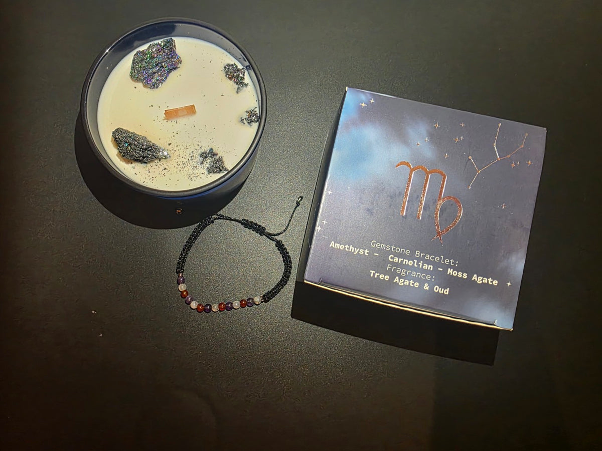 Virgo candle and box showing gemstone bracelet details and fragrance